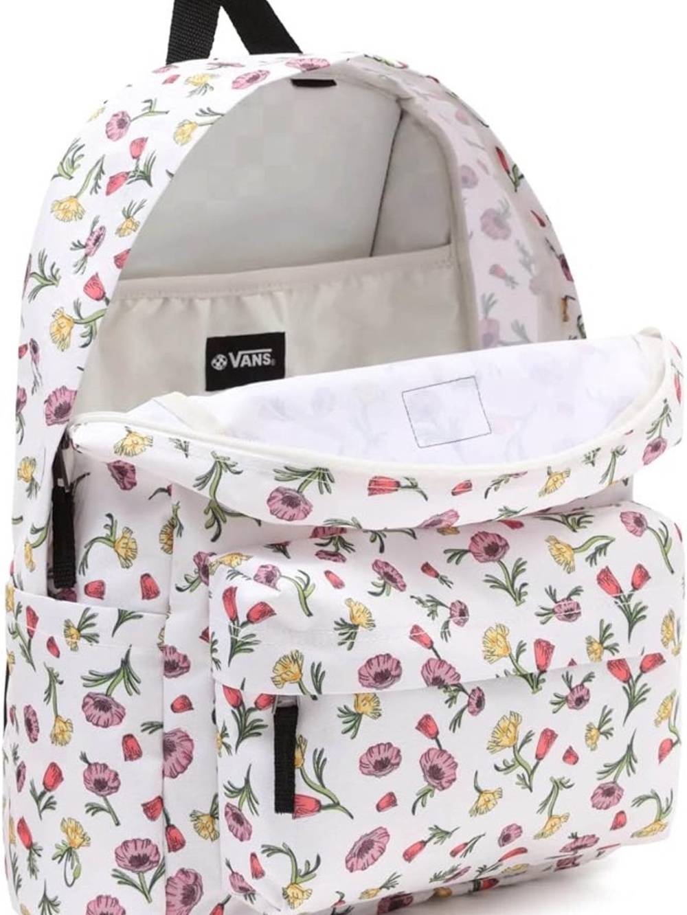Vans Floral Print Backpack in White with Pink & Yellow Poppy Flowers